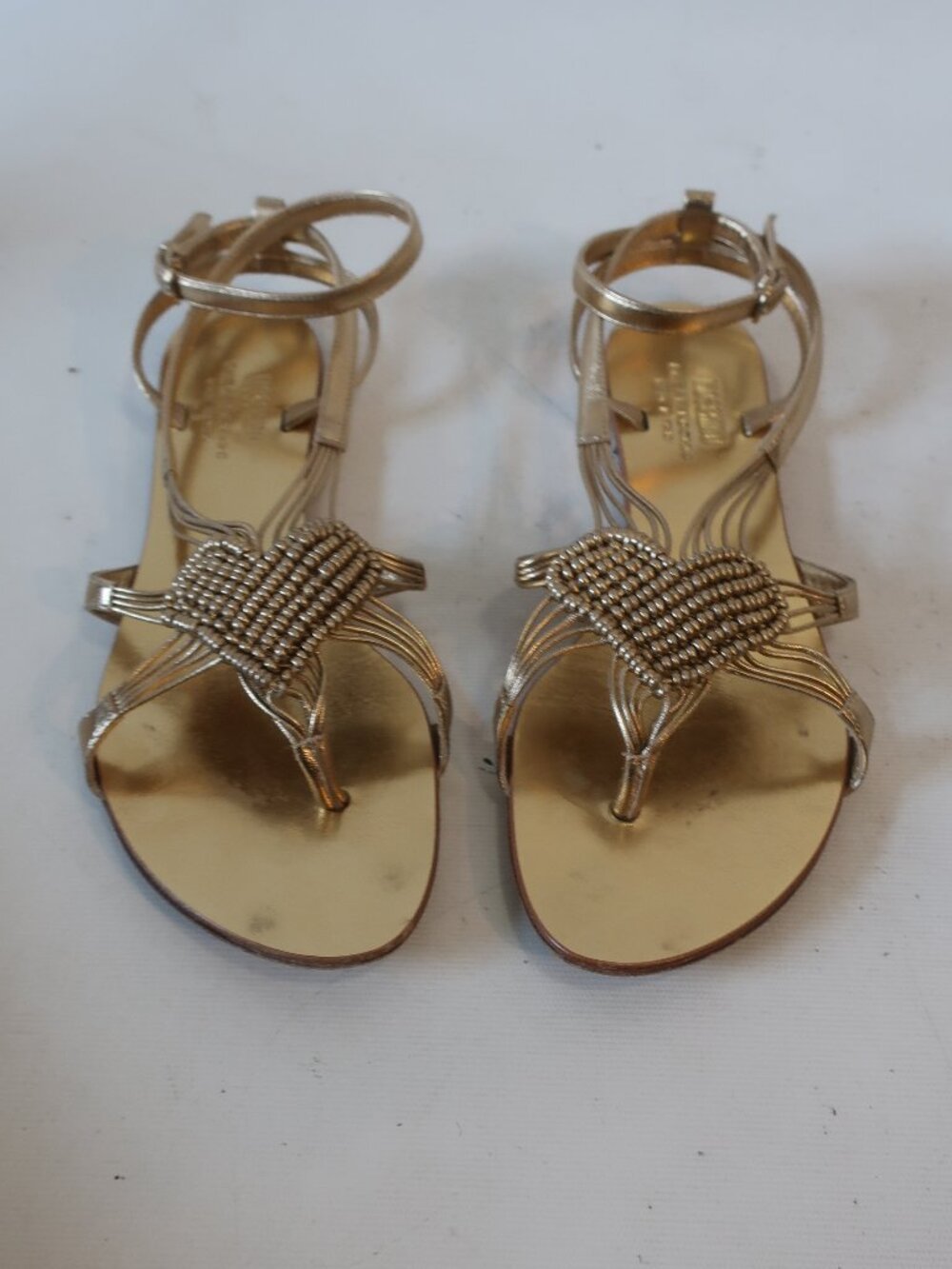 Womens Moschino Cheap and Chic Gold Heart Embellished Beaded Leather Sandals 7.5